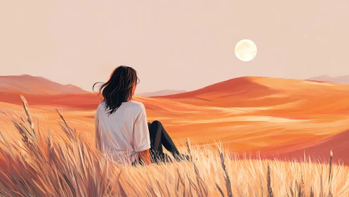 Solitary figure gazing at moonlit dunes in pastel desert.