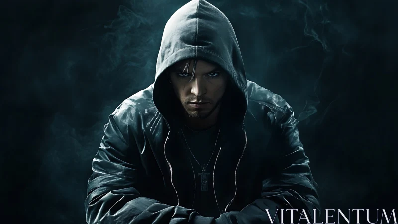 Hooded male subject sits centered in low key studio lighting