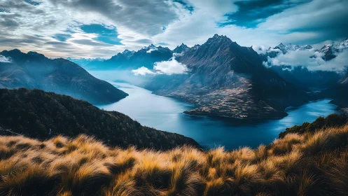 Mountain lake valley under dramatic clouded sky at dusk.