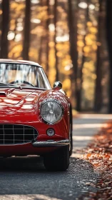 Classic red sports car gleams on a sunlit forest road.