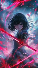 Anime swordswoman wields glowing red blade in storm.