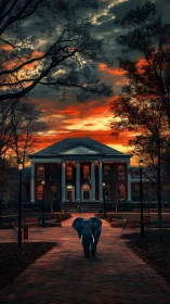 Elephant on brick path before campus building at sunset.