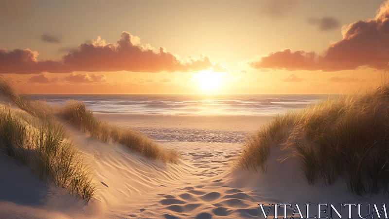 Sunlit dune pathway melting into a tranquil pastel sea horizon.