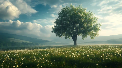 Solitary flowering tree in meadow under partly cloudy sky.
