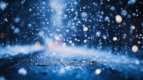 Shallow depth of field captures falling snow over wet asphalt