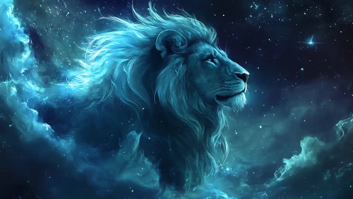 Majestic blue cosmic lion emerging from glowing nebula.