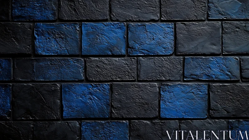 Dark blue brick wall shows textured masonry pattern