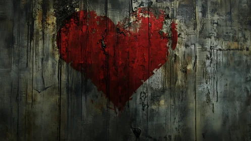 Red heart bleeds across weathered wooden boards.