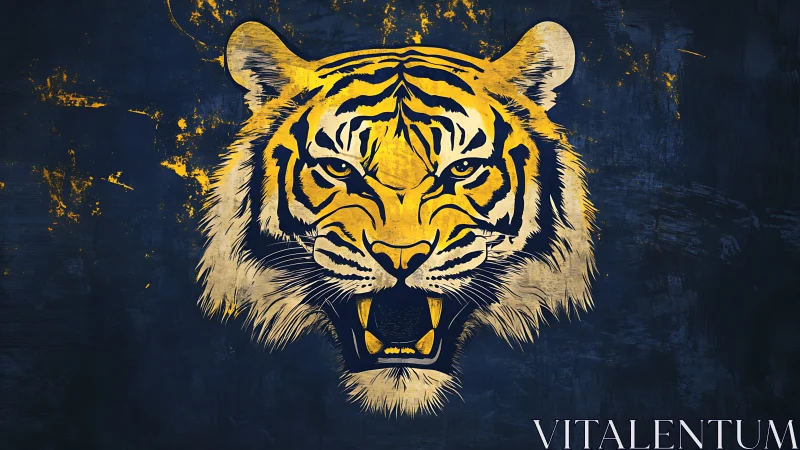 Vectorial tiger head on grunge-saturated indigo background.