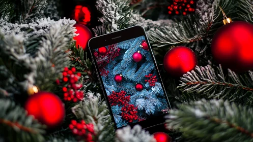 Smartphone in red Christmas ornaments and frosted fir branches.