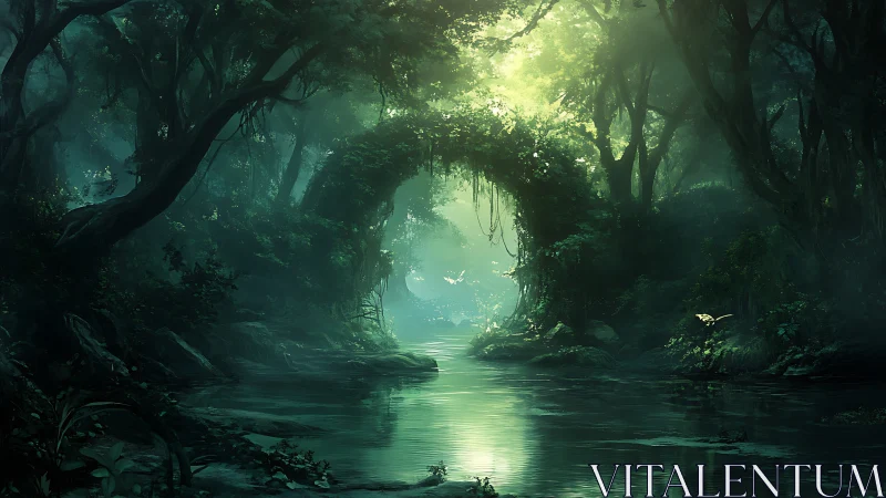 Enchanted Forest Archway over Luminous River, Digital Painting.