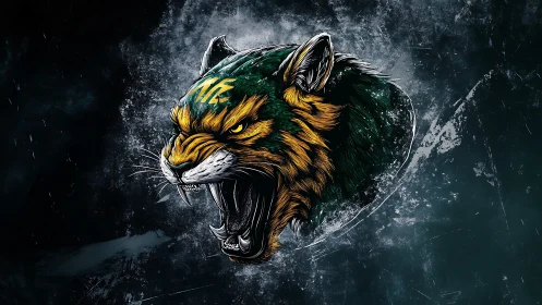 Roaring jungle cat spirit bursting from the stormy dark.