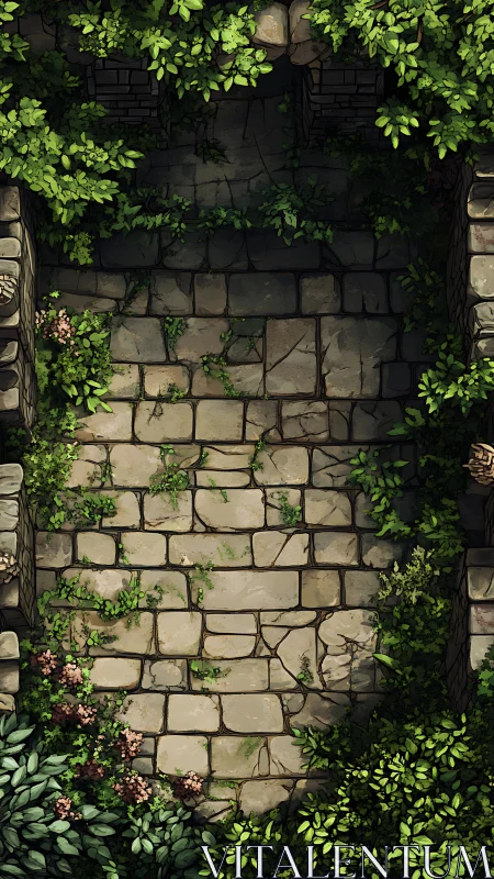 Sunlit ivy corridor reclaiming an ancient stone pathway.