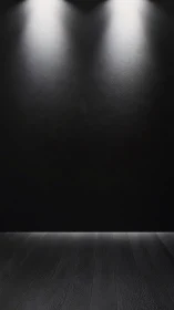 Dual overhead spotlights on dark textured gallery wall.