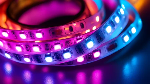 Multicolor LED light strips coiled on reflective surface.