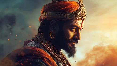 Side-profile digital portrait of armored Indian warrior king