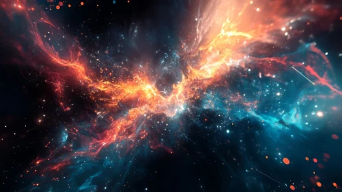 Celestial firestorm collides with sapphire nebula in deep space.