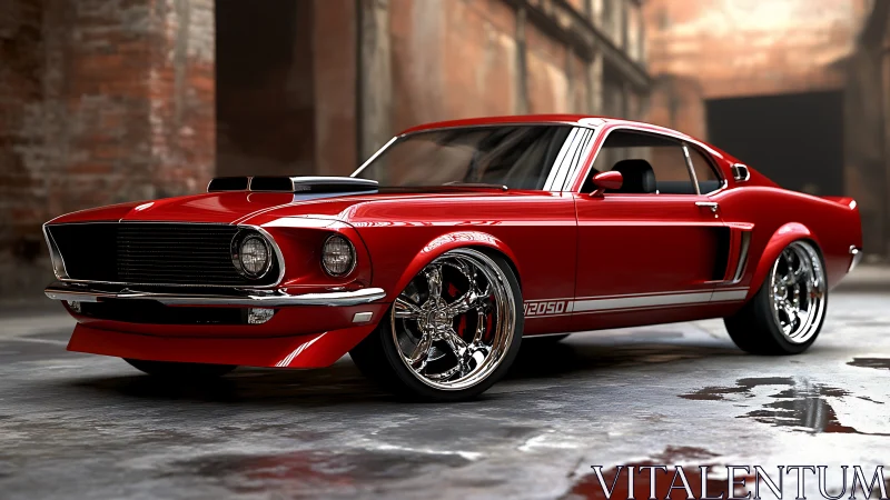 Bold red muscle car shining in an urban warehouse glow.