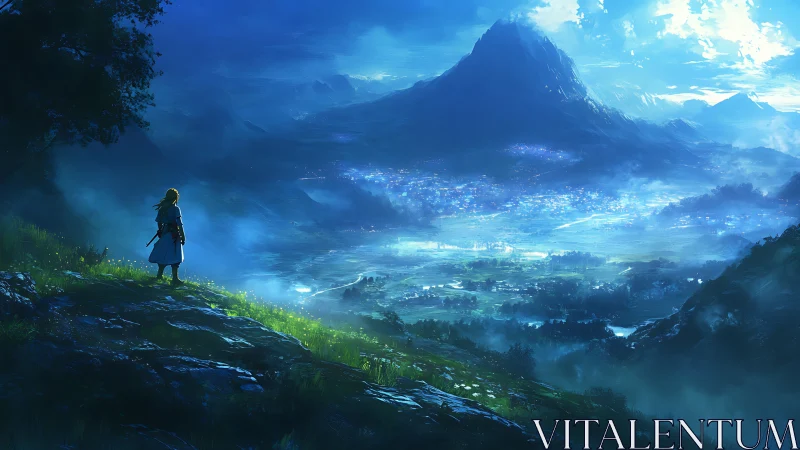 Lone traveler greeting a glowing valley beneath misty peaks.