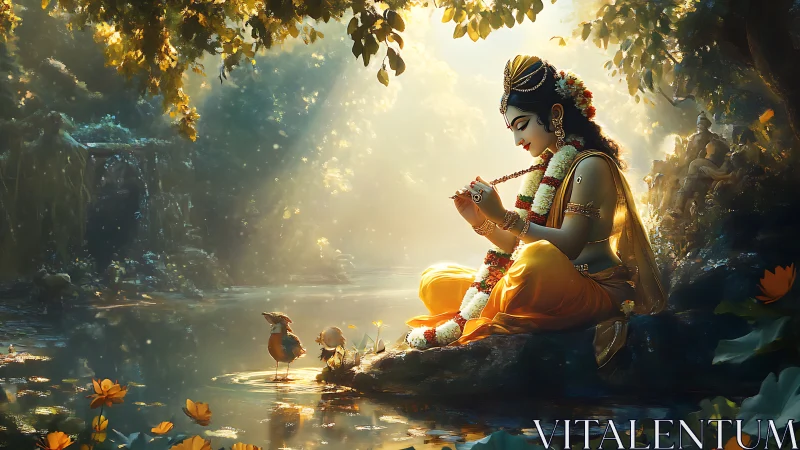 Serene flute player resting by a golden forest pond at dawn.