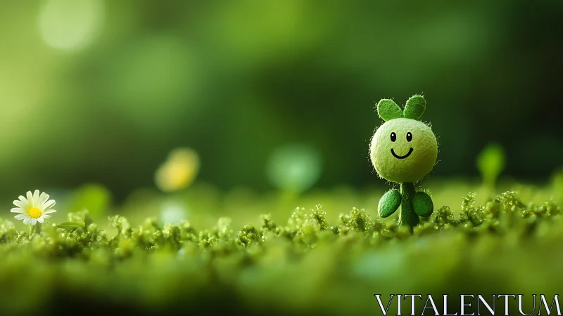 Tiny mossland smile skips beside a lone daisy in soft focus