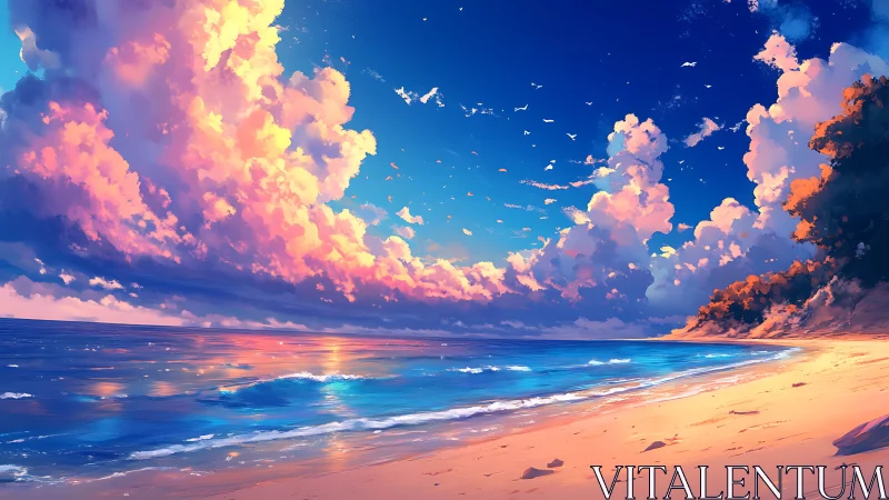 Sunlit shoreline beneath towering cotton-candy clouds.