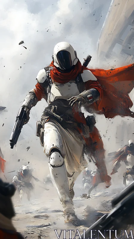 Scarlet‑scarved space trooper storms a shattered battlefield.
