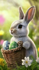 Gentle springtime bunny holding a basket of bright eggs.