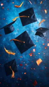Graduation caps with orange tassels flying in blue sky.