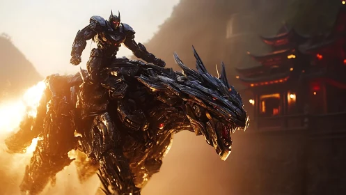 Armored warrior rides flaming mechanical dragon mount.