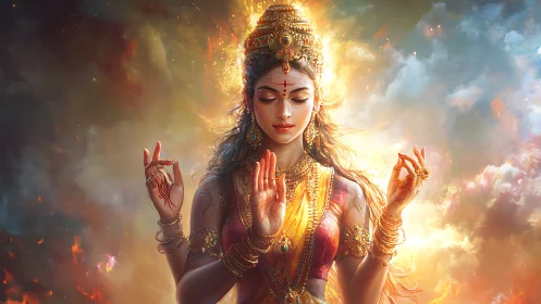 Radiant goddesslike figure meditates in glowing celestial fire.