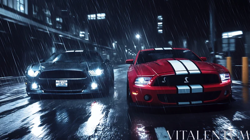 Muscle cars race through neon city street under heavy rain.