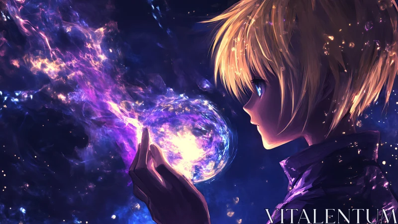 Starlit child gently cradles a glowing cosmic sphere