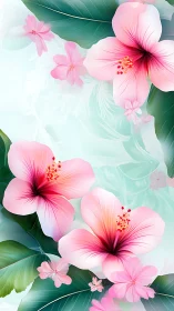 Pink hibiscus flowers with green foliage rendered digitally.