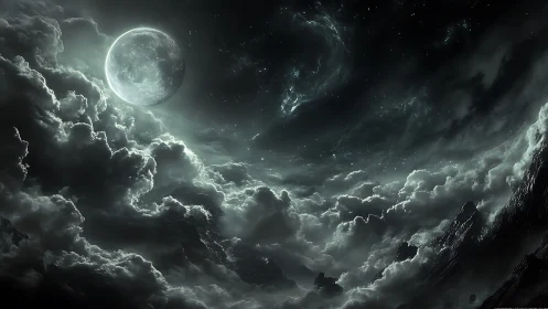 Stormy moonlit sky over dark mountains and swirling clouds.