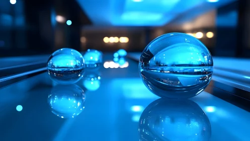 Cool blue glass spheres rest calmly on a glowing surface