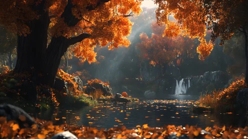 Autumn forest lake glows under cascading waterfall light.