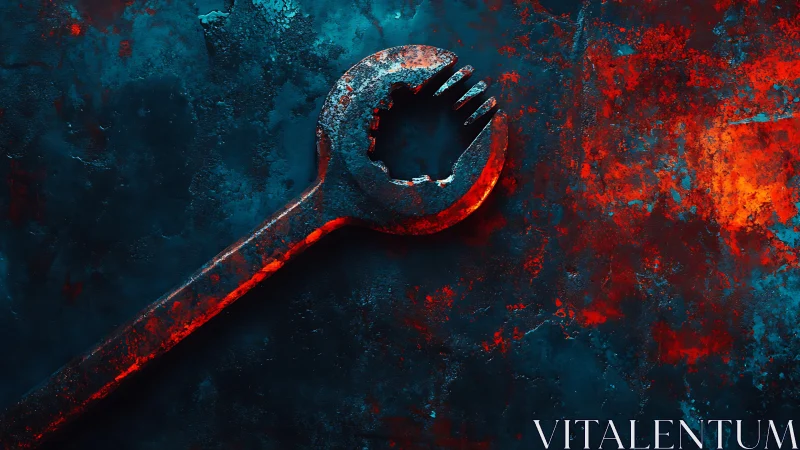 Rust-kissed wrench glowing against deep teal metal. Period.