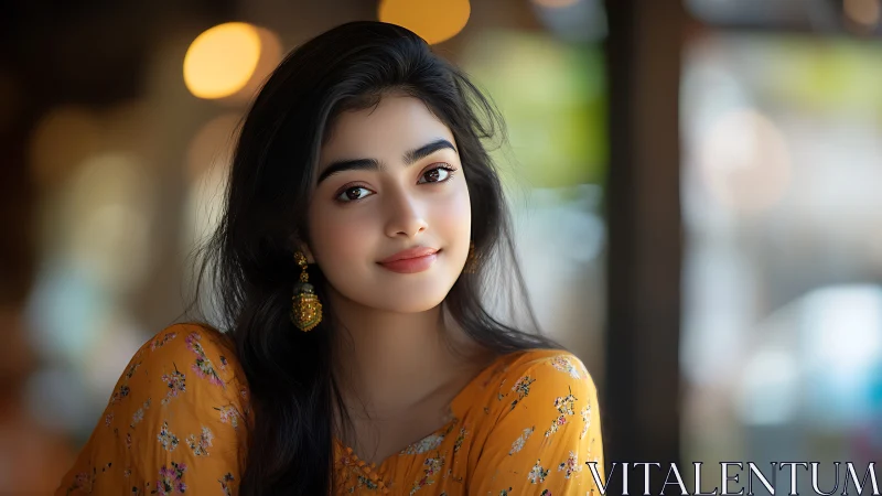 Portrait shows woman in yellow dress with shallow depth of field