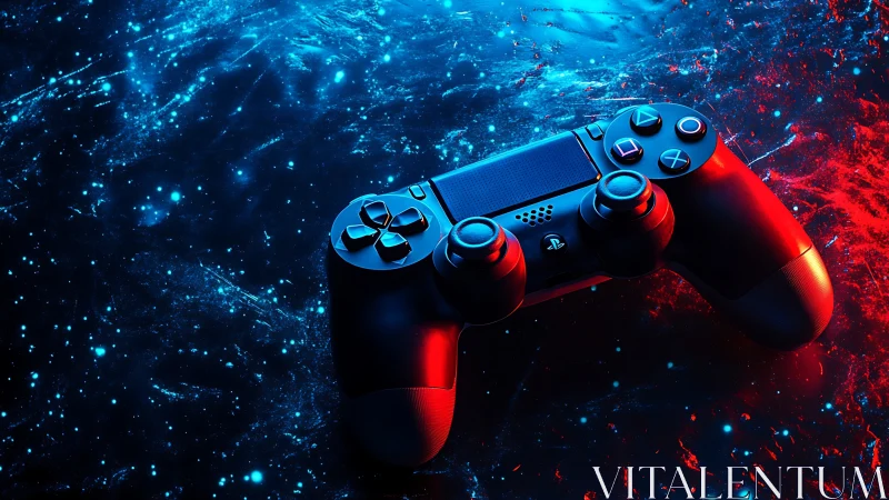 Game controller on neon blue and red abstract surface.