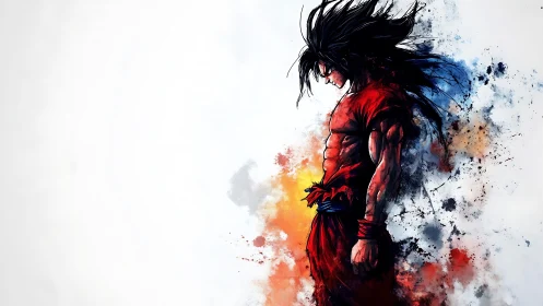 Stoic anime warrior wrapped in explosive watercolor firestorm.