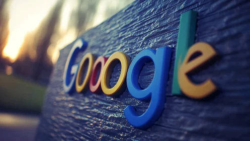 Google logo sign glows softly against a blurred dusk backdrop