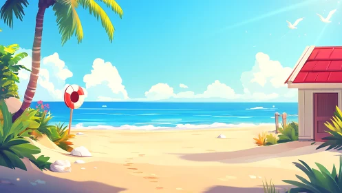 Tropical Beachfront Illustration with Seaside Cottage Architecture.