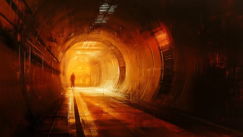 Lone traveler wanders toward warm light in a glowing tunnel