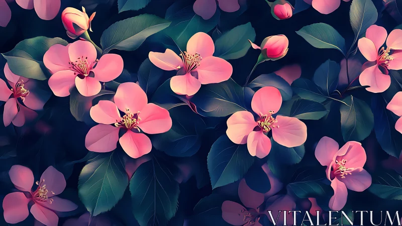 Pink Blossoms Against Dark Teal Foliage.