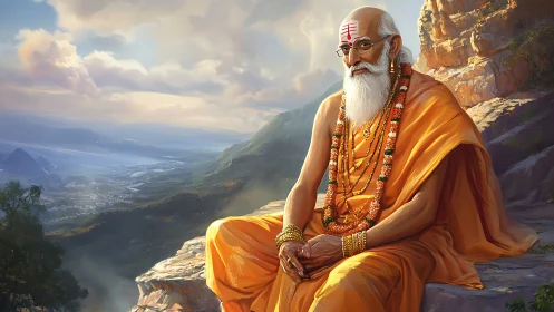 Himalayan sage in saffron robes amid volumetric sunrise clouds.