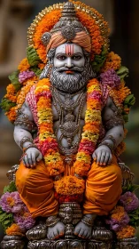 Marble Hindu deity idol with marigold garlands and ornate silver throne