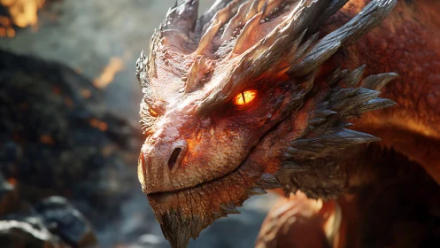 Fiery red dragon head glows against blurred volcanic haze