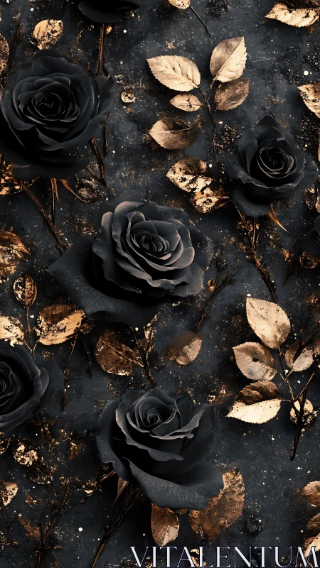 Black Roses with Gold Leaf on Dark Floral Arrangement