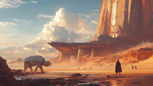 Desert megastructure with walkers under volumetric sunset lighting